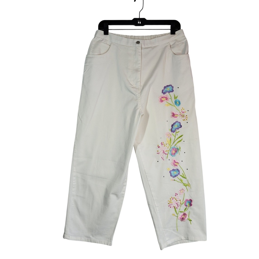 VTG Quacker Factory Floral Embroidered Capri Pants Large White Rhinestone NWT